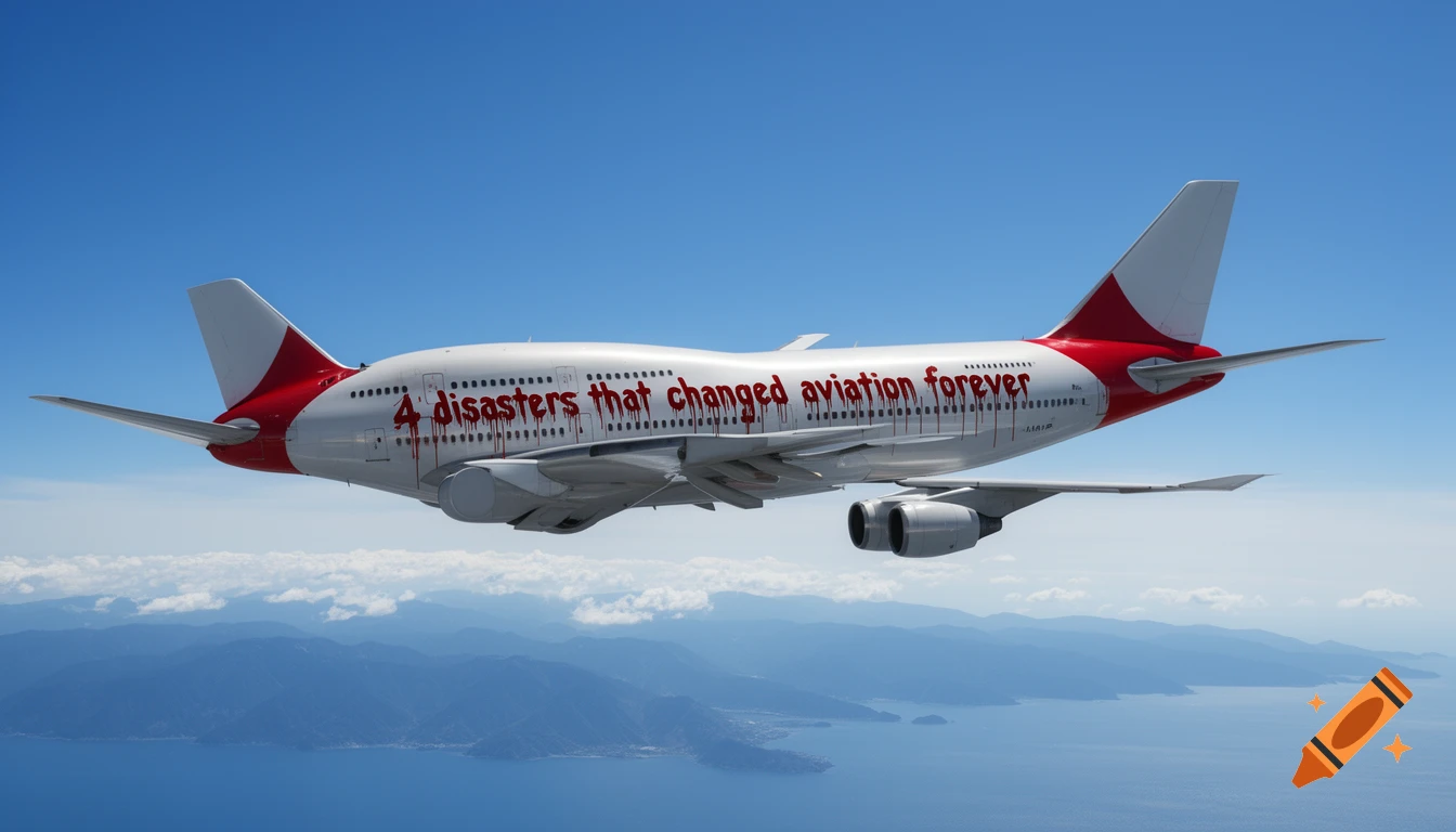 A white and red airplane with blood-like text "4 disasters that changed aviation forever" on its side, flying over a blue ocean and distant mountains.