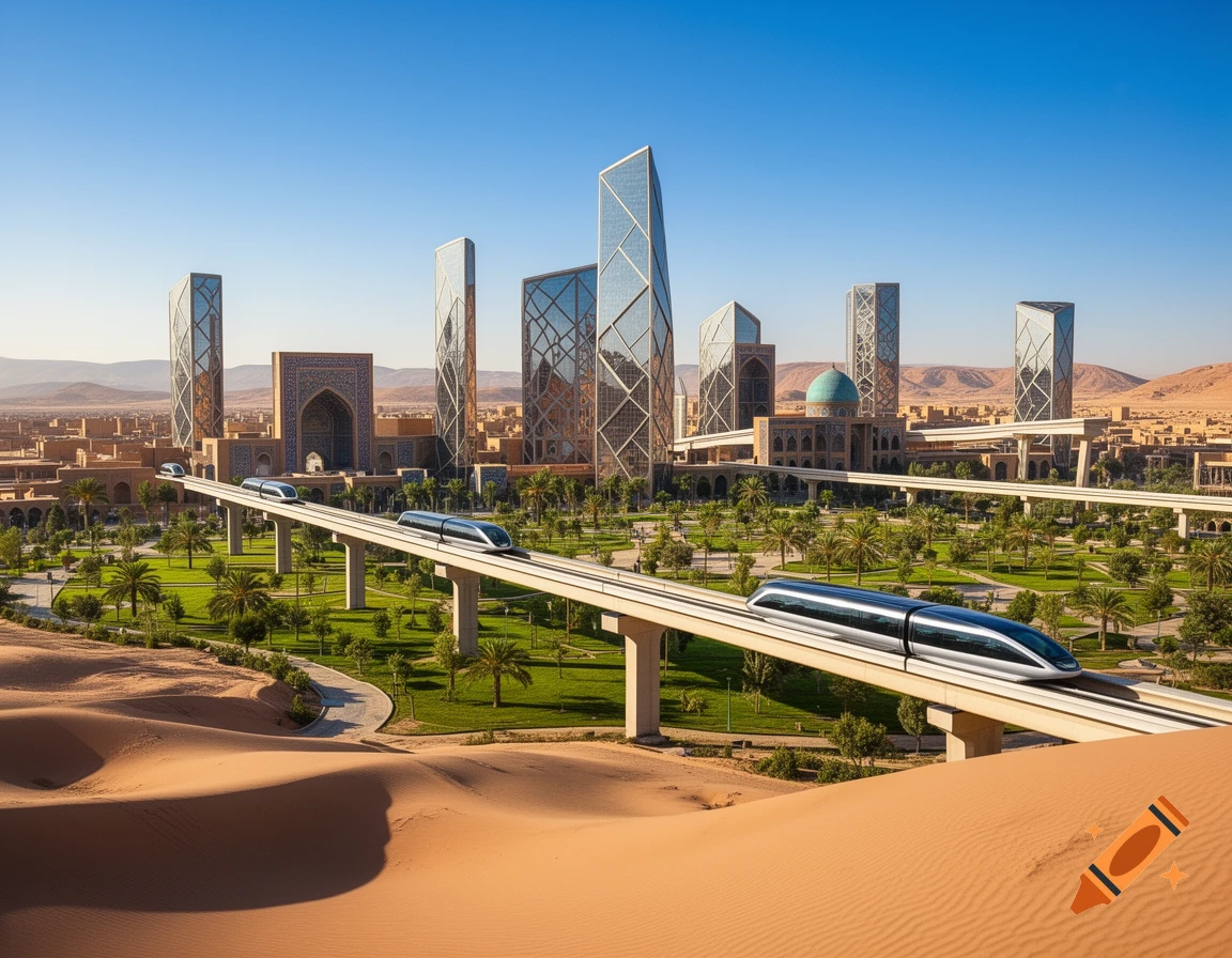 A futuristic desert city with sleek trains on elevated tracks, angular skyscrapers, and traditional buildings amidst green parks.