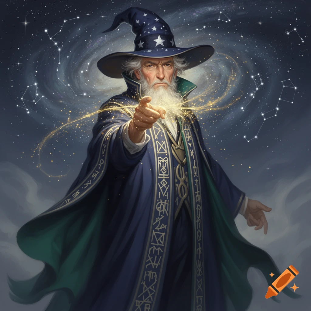 An old wizard with a white beard and a starry hat points forward, conjuring glowing magic against a cosmic background with constellations.