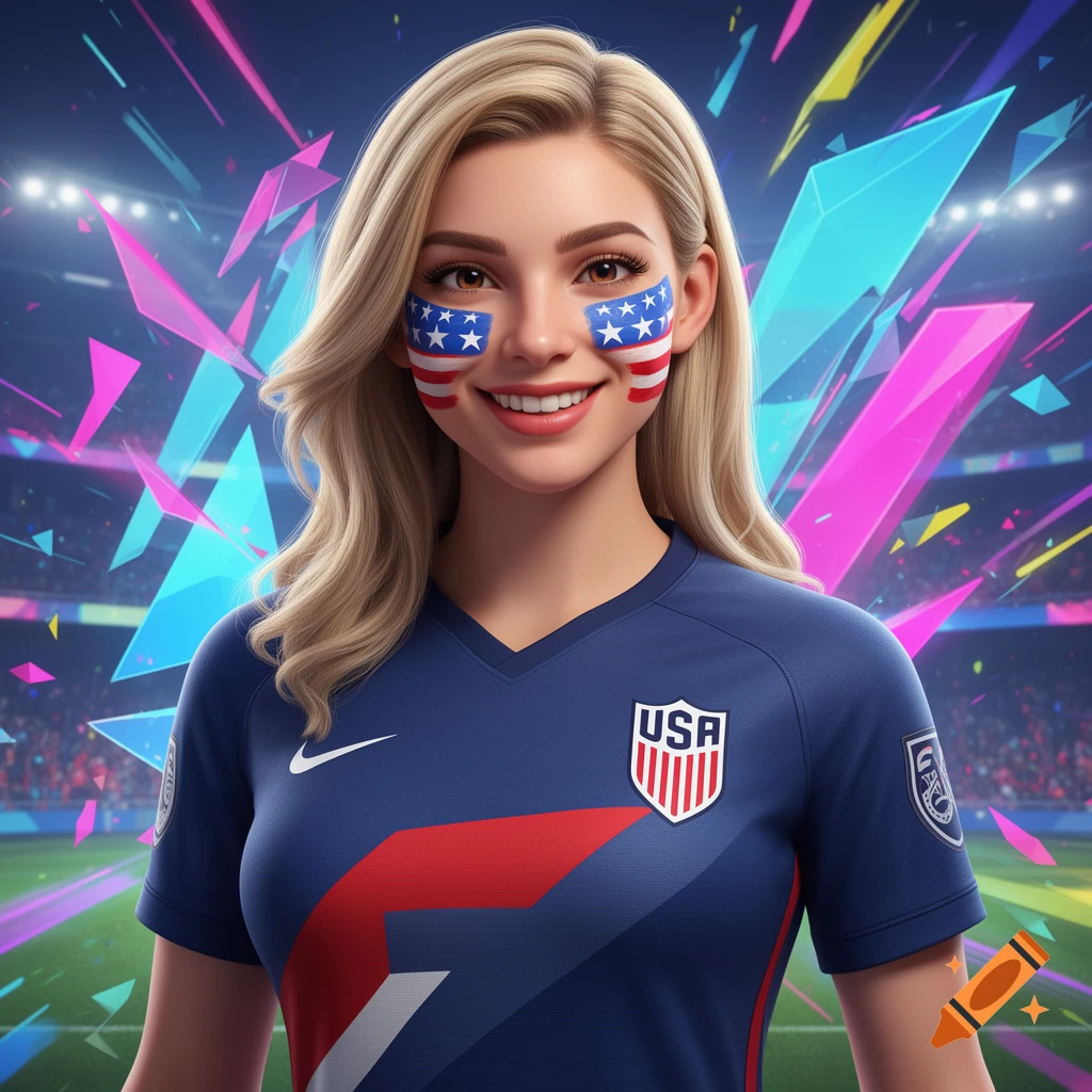 Smiling 3D animated woman in a USA soccer jersey with star face paint, set against a colorful gaming background.