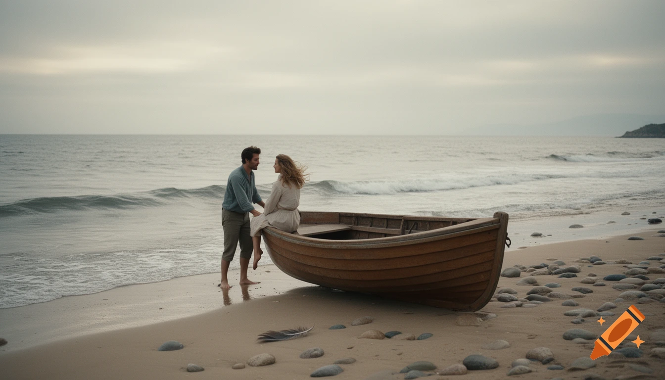 A man stands by a woman seated in a wooden rowboat on a quiet, sandy beach beside the ocean under an overcast sky.