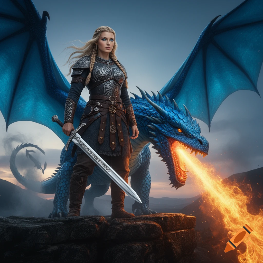 A formidable Viking woman in armor holds a sword on a rocky cliff, with a large blue dragon breathing fire behind her.