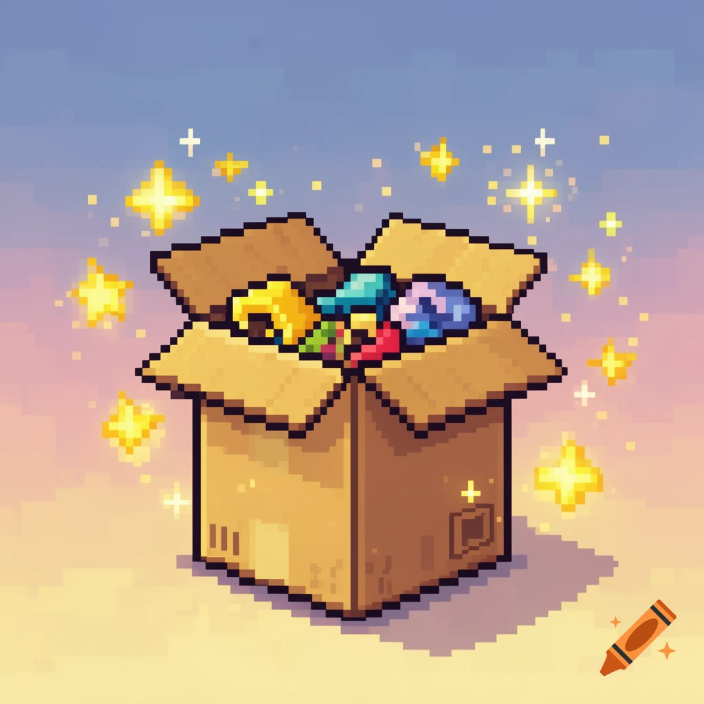 Pixel art of a cardboard box overflowing with colorful items, surrounded by golden sparkles.