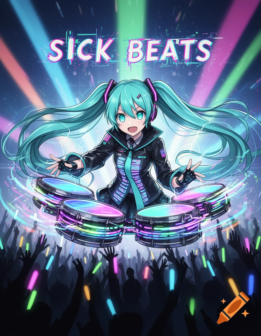 Hatsune Miku, an anime character, plays neon drums on stage at a vibrant concert with a cheering crowd and 'SICK BEATS' text.