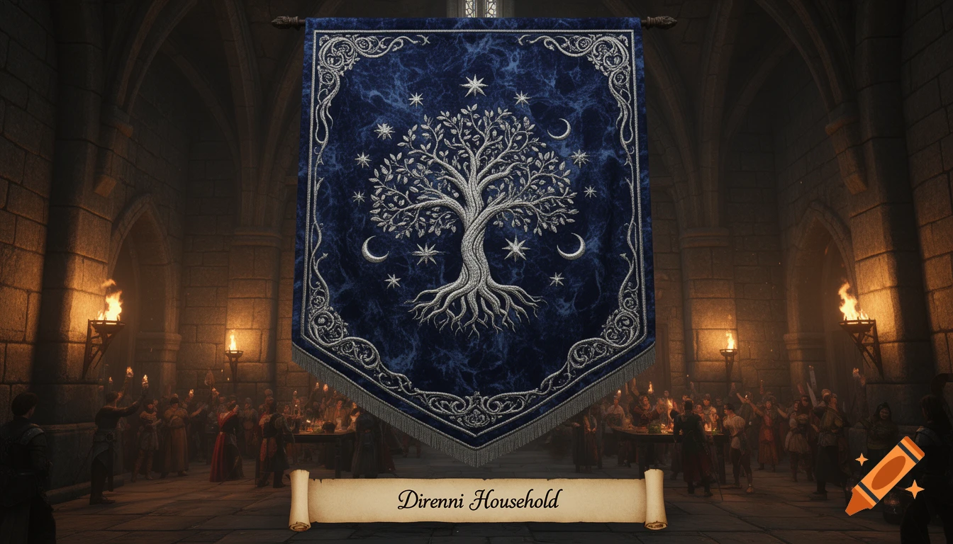 A dark blue fantasy banner with a silver tree, stars, and moons hangs in a stone hall, above a scroll reading "Direnni Household". Torchlight illuminates a crowd below.