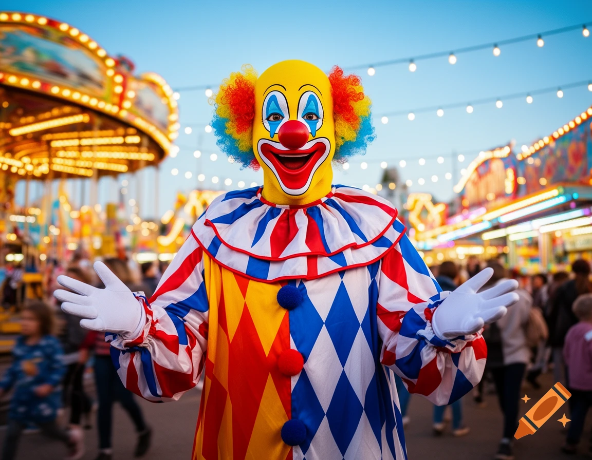 A smiling clown in a colorful costume with a yellow face and red curly hair, standing at a bustling carnival.