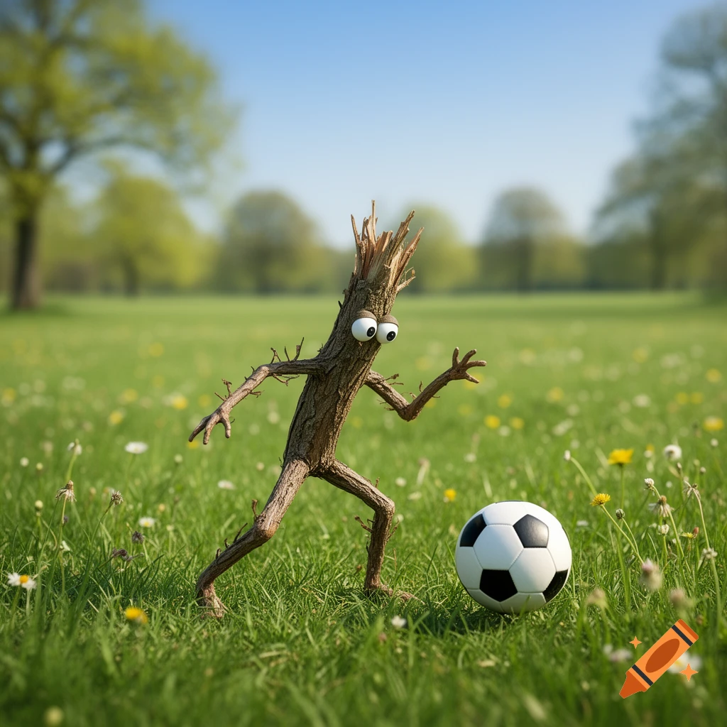 A whimsical twig creature with googly eyes and stick legs prepares to kick a soccer ball in a sunny, grassy field.