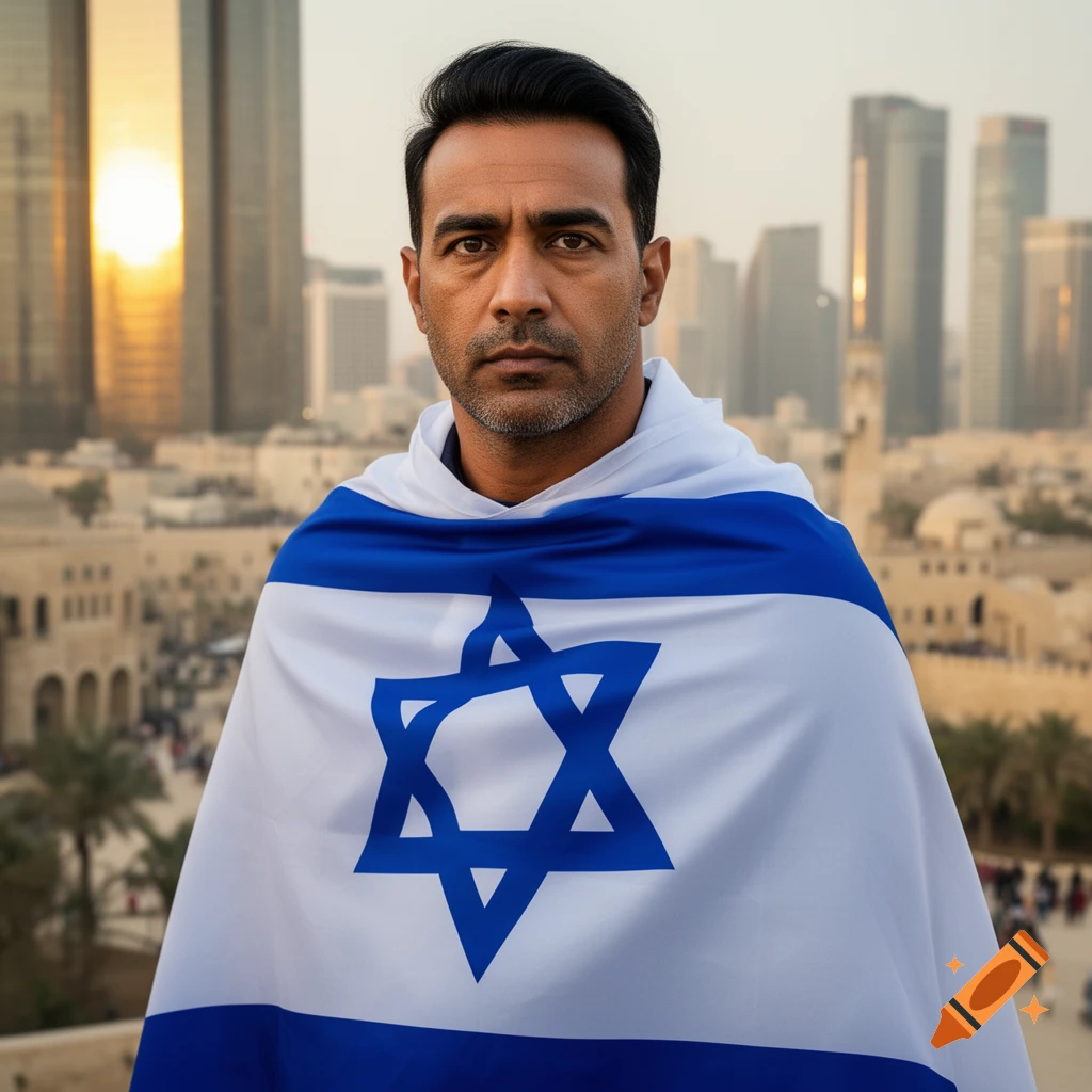 Photorealistic portrait of a man wrapped in an Israeli flag, looking directly at the viewer with a city skyline in the background.
