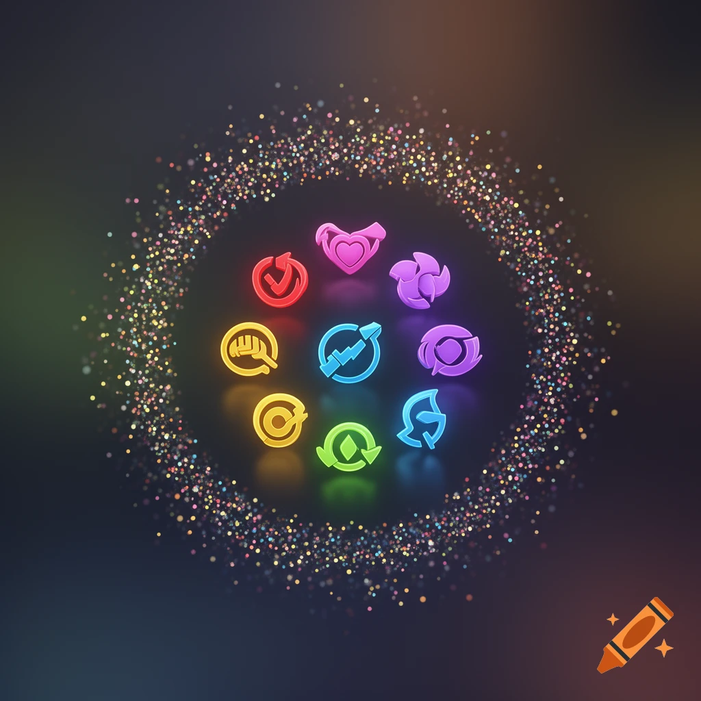 A circle of eight colorful, glowing abstract symbols, including a heart, checkmark, fist, and arrow, surrounded by a swirl of sparkling dots on a dark background.