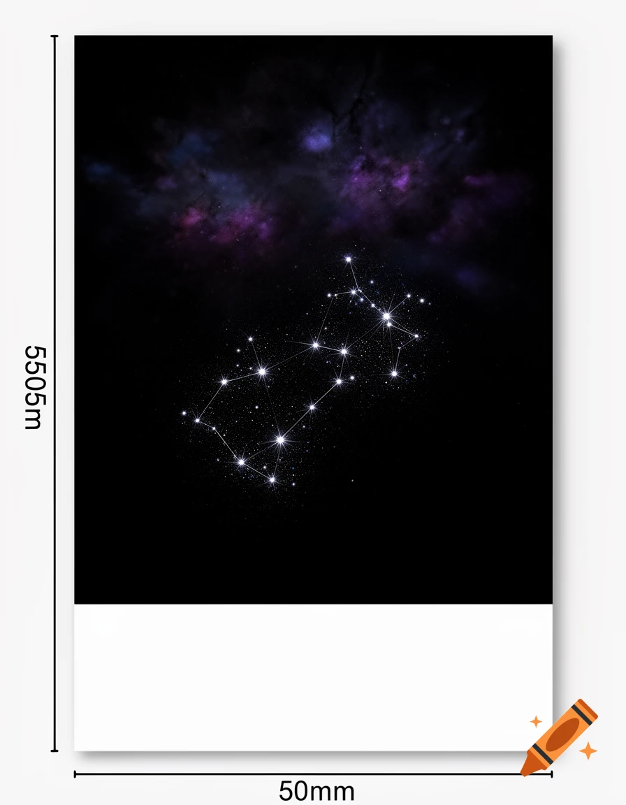 A dark art print featuring a bright constellation and a purple nebula, with a white bottom border and dimension labels.