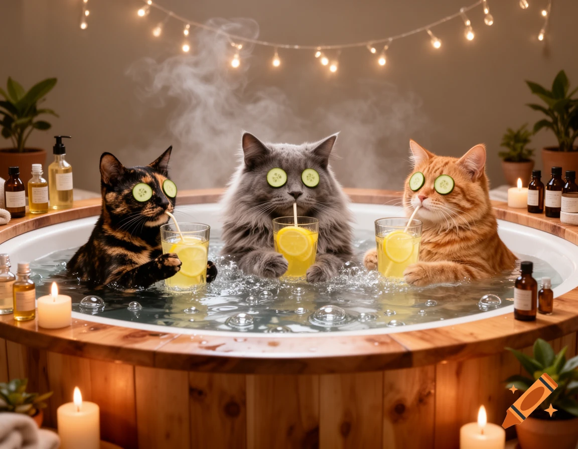 Three photorealistic cats relaxing in a hot tub with cucumber slices on their eyes, drinking lemonade.