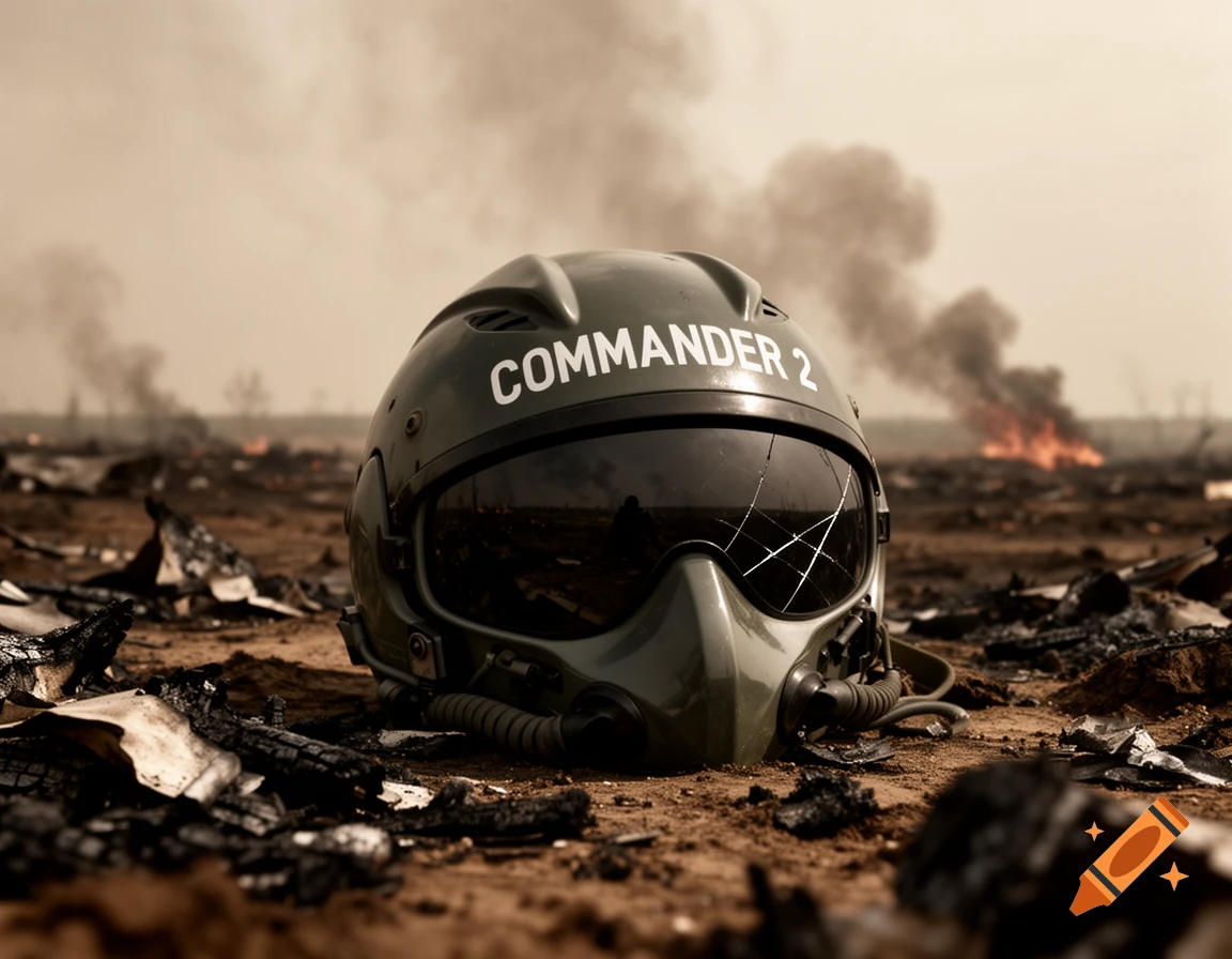 A military pilot helmet with a cracked visor and 'COMMANDER 2' on it, lies on a scorched battlefield with smoke and fires in the background.