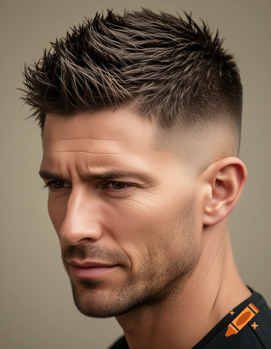 Photorealistic portrait of a man with short, spiky brown hair and a beard, looking to the left. Neutral background.