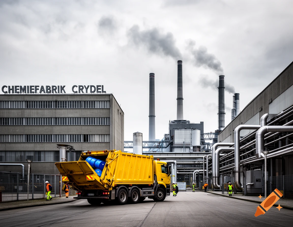 A yellow garbage truck with blue barrels inside drives past a large industrial chemical factory with smoking chimneys under a cloudy sky.