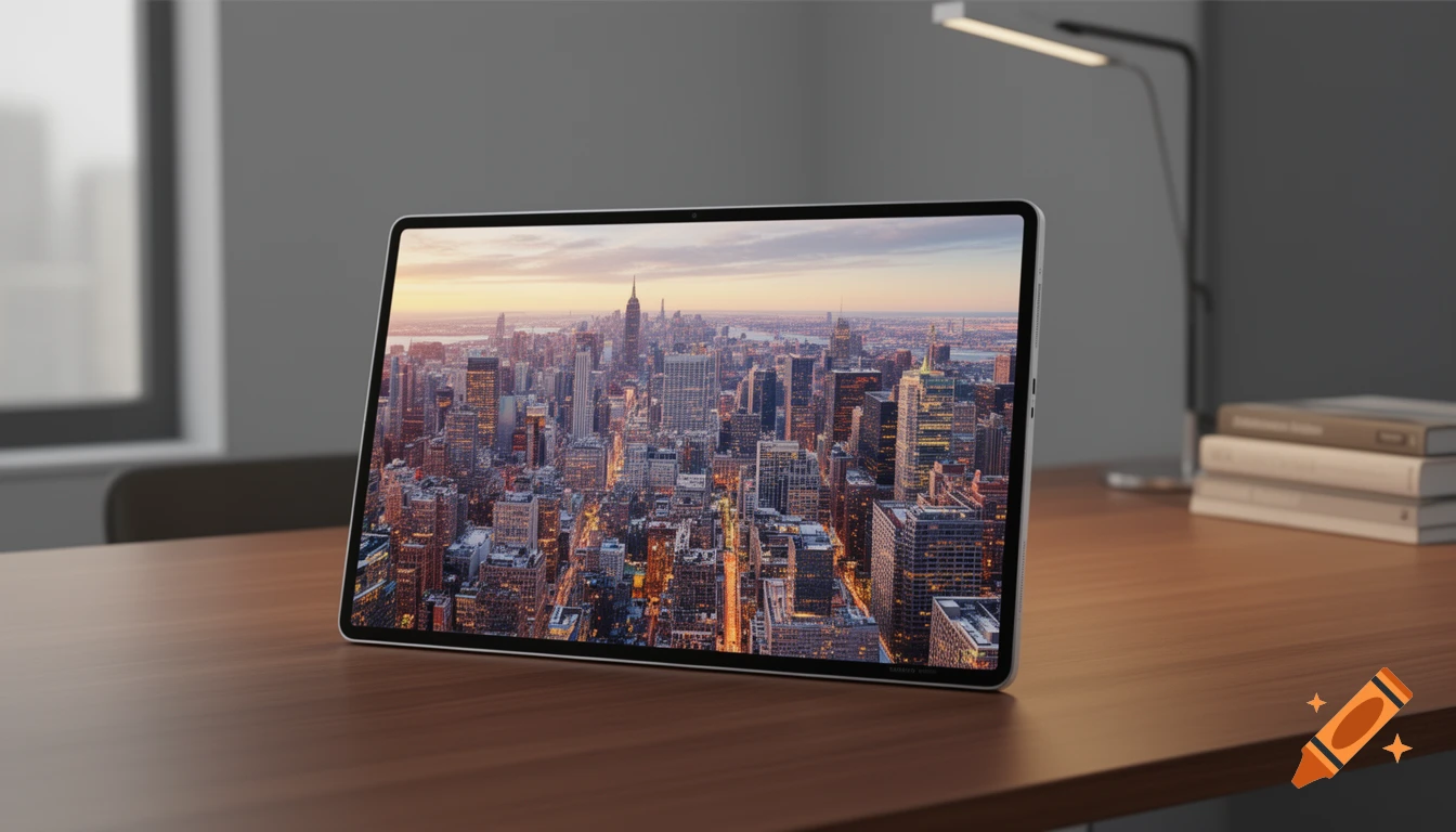 A tablet on a wooden desk displays a cityscape at sunset, with a desk lamp and books in the blurred background.