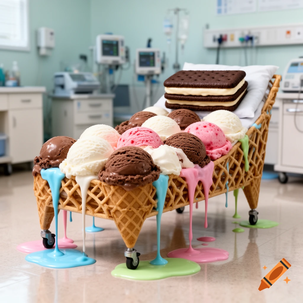 Photorealistic image of a hospital bed crafted from waffle cones, filled with melting ice cream scoops, topped with an ice cream sandwich pillow, in a hospital room.