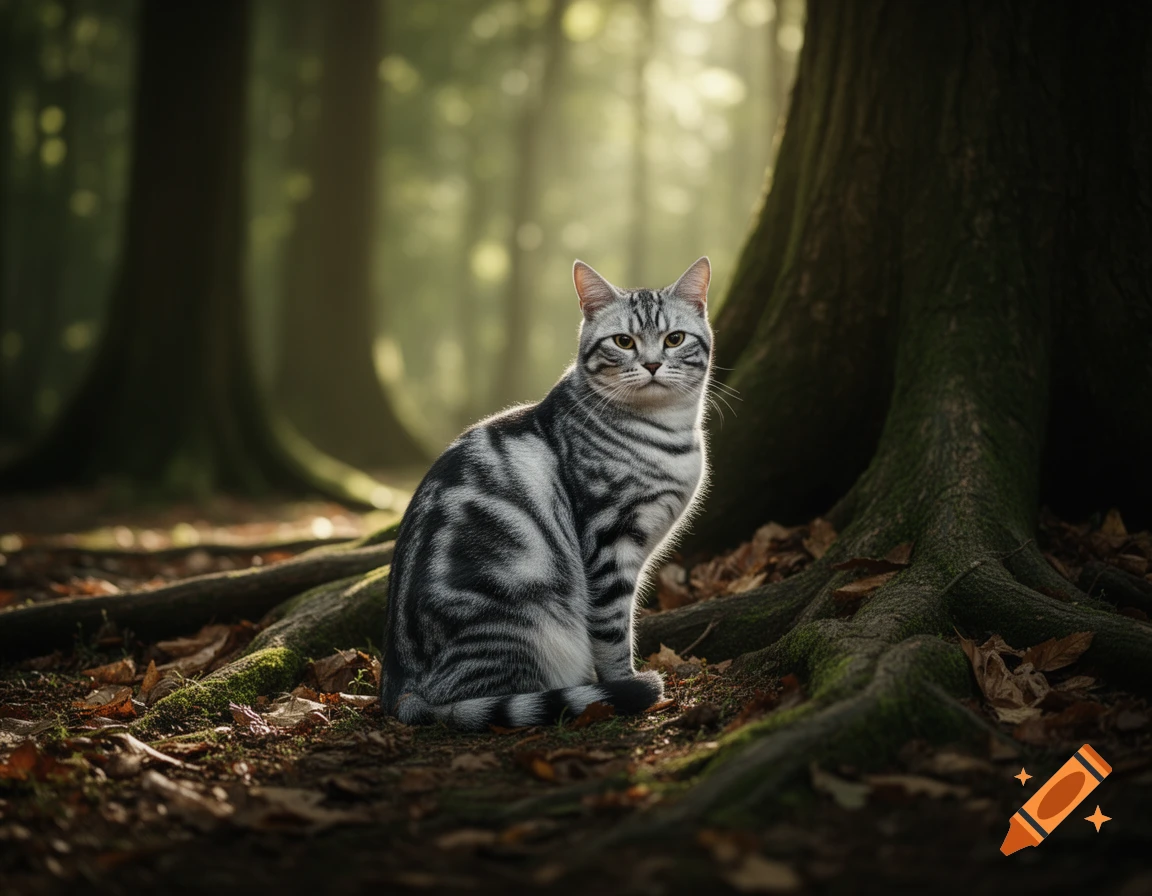 A photorealistic image of a silver tabby cat sitting on the forest floor among tree roots and fallen leaves, illuminated by sunlight.