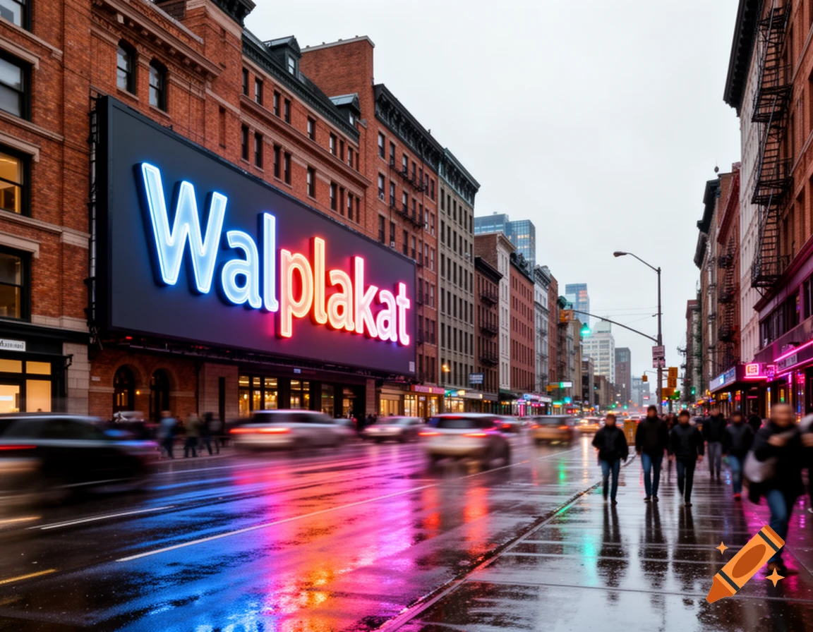 Photorealistic rainy city street at dusk with a large neon 'Walplakat' billboard, motion-blurred cars, and pedestrians.