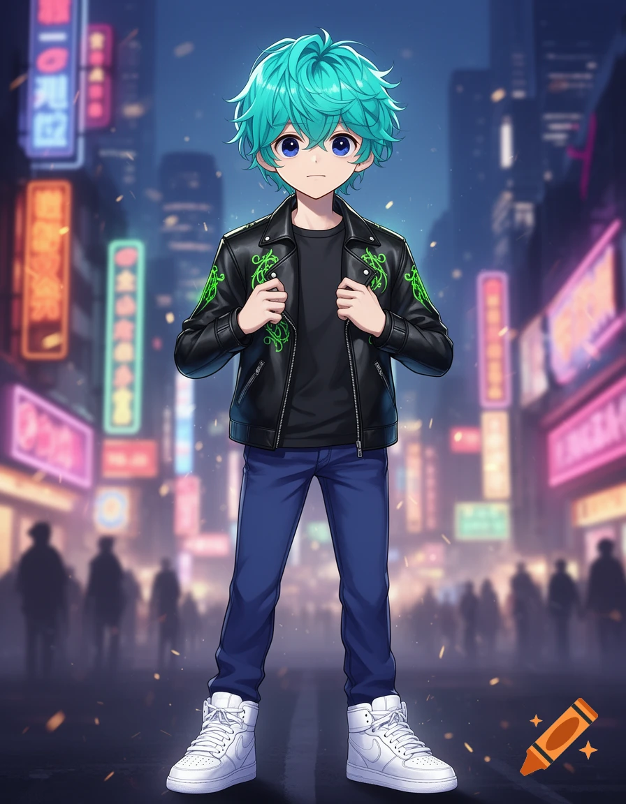 Anime boy with turquoise hair in black leather jacket and blue jeans, standing on a neon-lit city street.