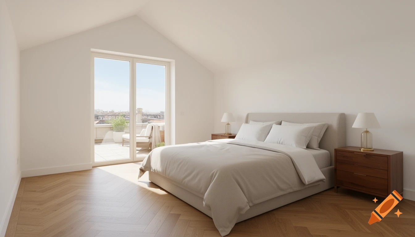 Photorealistic master bedroom with a king-size bed, nightstands, wood floor, and a glass door opening to a sunny rooftop terrace.