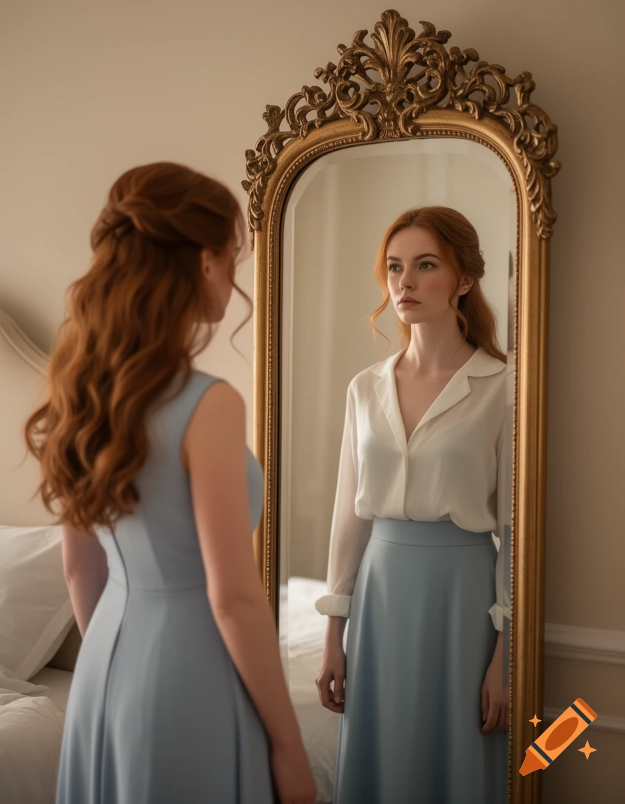 A woman with red hair in a blue dress looks into an ornate mirror, where her reflection wears a white shirt and blue skirt.