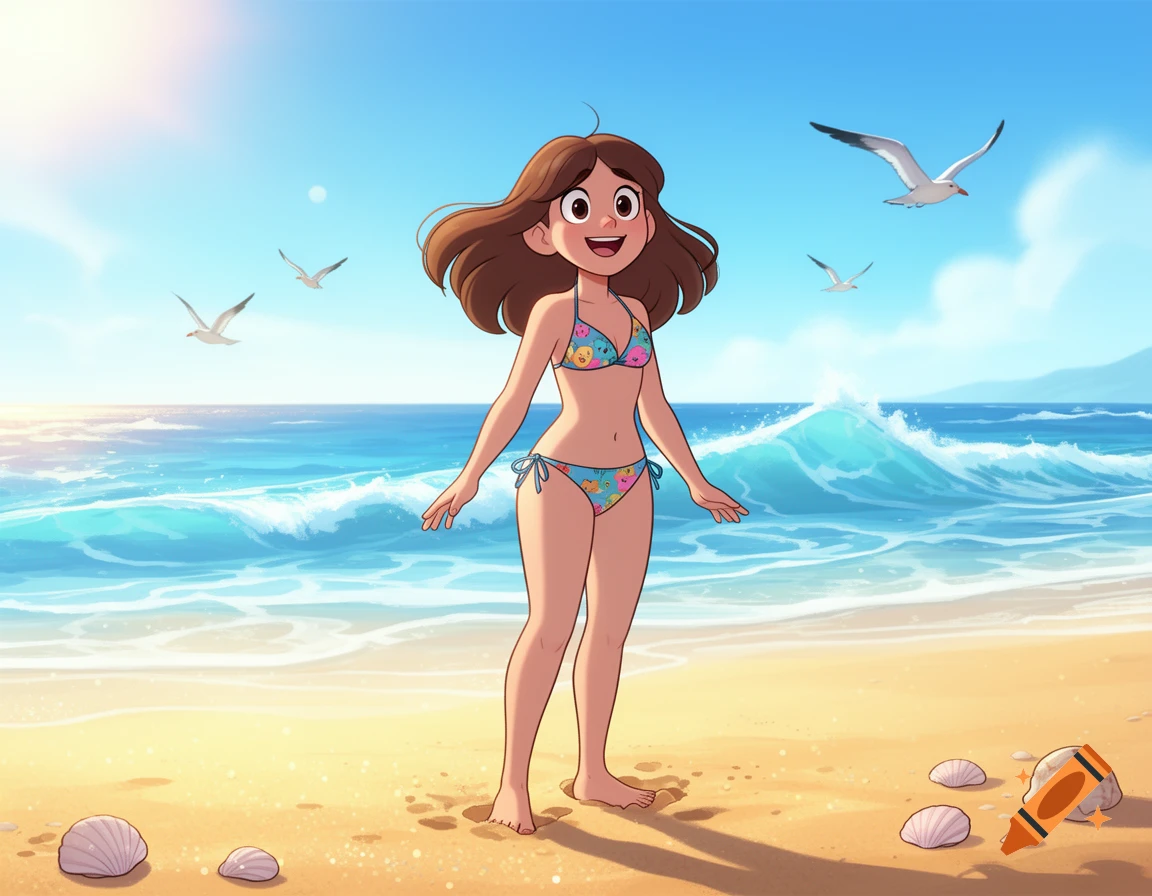 A smiling cartoon girl with brown hair in a colorful bikini stands barefoot on a sunny beach with seagulls flying over the ocean.