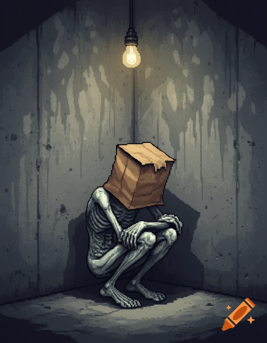16-bit pixel art of an emaciated creature with a paper bag head, crouched in a dark room under a single light bulb.