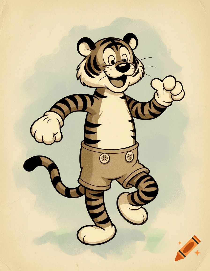 A cheerful vintage rubber hose style cartoon tiger with white gloves and shorts, standing playfully.
