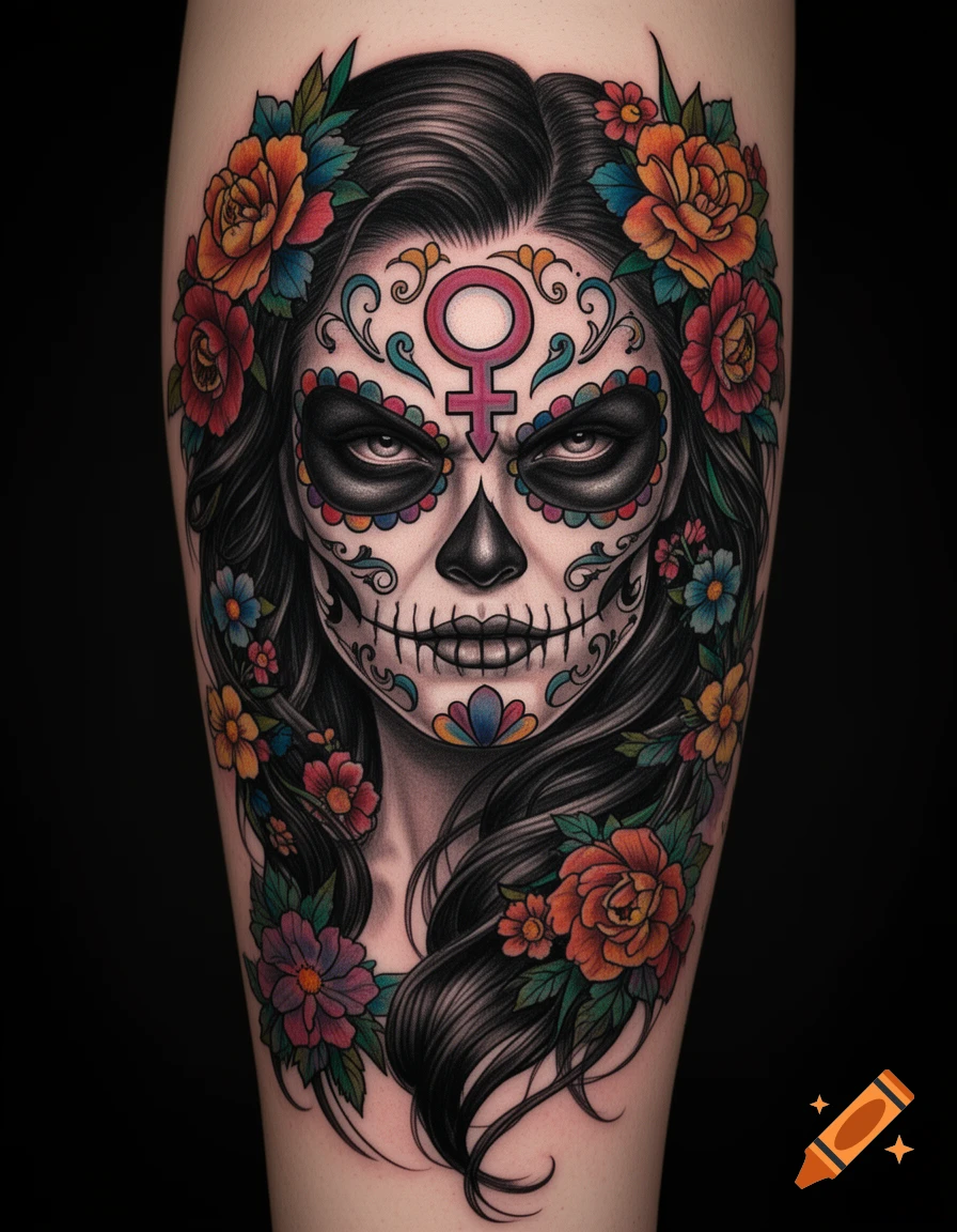 Highly detailed tattoo of a woman with intricate La Catrina face paint and a feminist symbol on her forehead, surrounded by vibrant flowers.