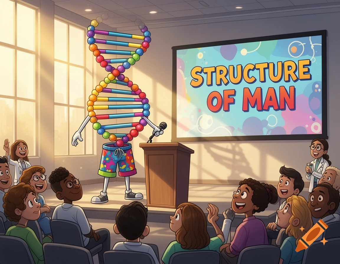 A colorful cartoon DNA molecule character in shorts presents "STRUCTURE OF MAN" on a screen to a diverse audience in a lecture hall.