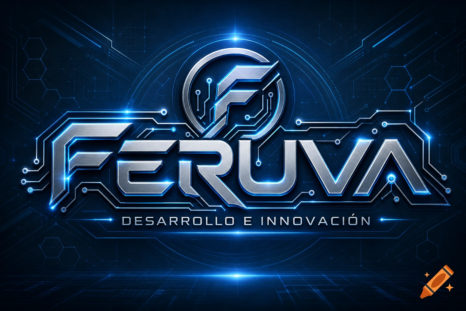 A metallic 3D logo for "FERUVA" with the slogan "Desarrollo e innovación" on a dark blue background with glowing circuit board patterns.