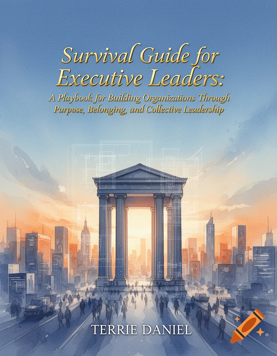 A watercolor-style book cover for "Survival Guide for Executive Leaders," featuring a classical building in a modern cityscape at sunset with people walking.