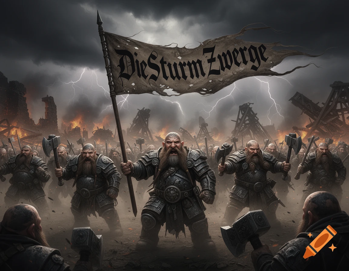 Dwarven warriors with axes and hammers, led by a dwarf holding a banner reading "Die Sturm Zwerge," stand in a burning, ruined landscape under a stormy, lightning-filled sky.