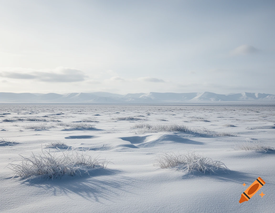 A vast snowy tundra stretches toward distant mountains under a bright, cloudy sky, with frosted shrubs in the foreground.
