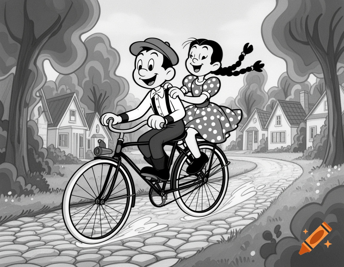 Black and white 1930s rubber hose cartoon of a boy and girl happily riding a bicycle on a cobblestone path through a village.