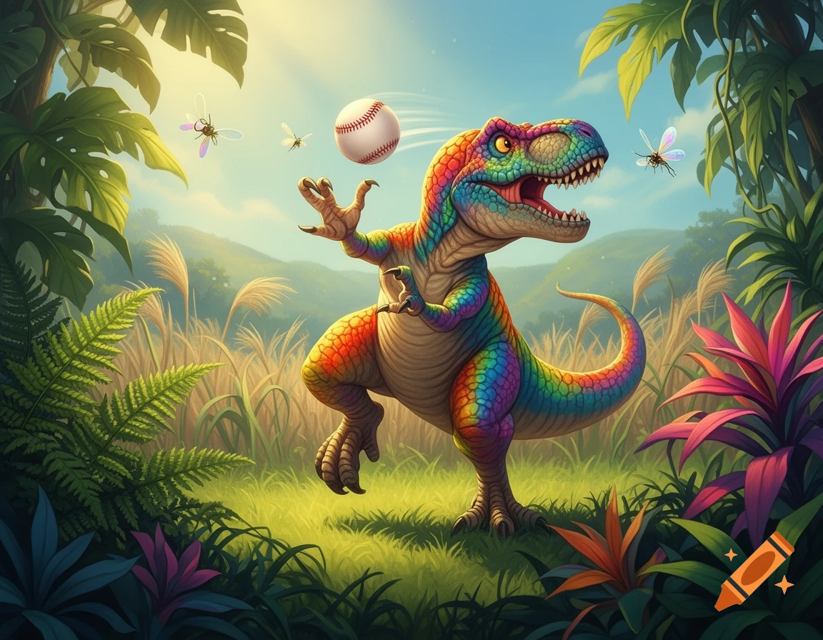A vibrant, rainbow-colored cartoon T-Rex playfully tosses a baseball in a lush, sunny jungle with large ferns and palm trees.