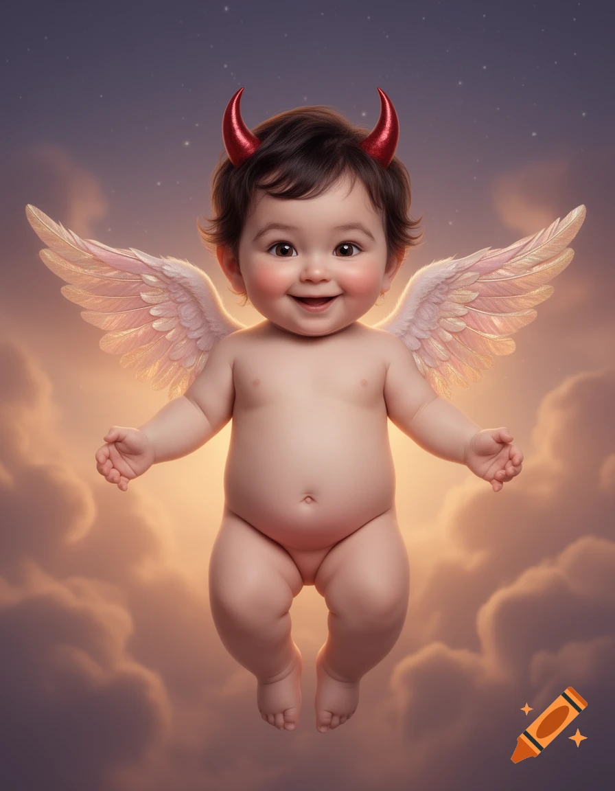 A photorealistic image of a cute baby with small red devil horns and white angel wings, smiling and floating among clouds in a purple sky.