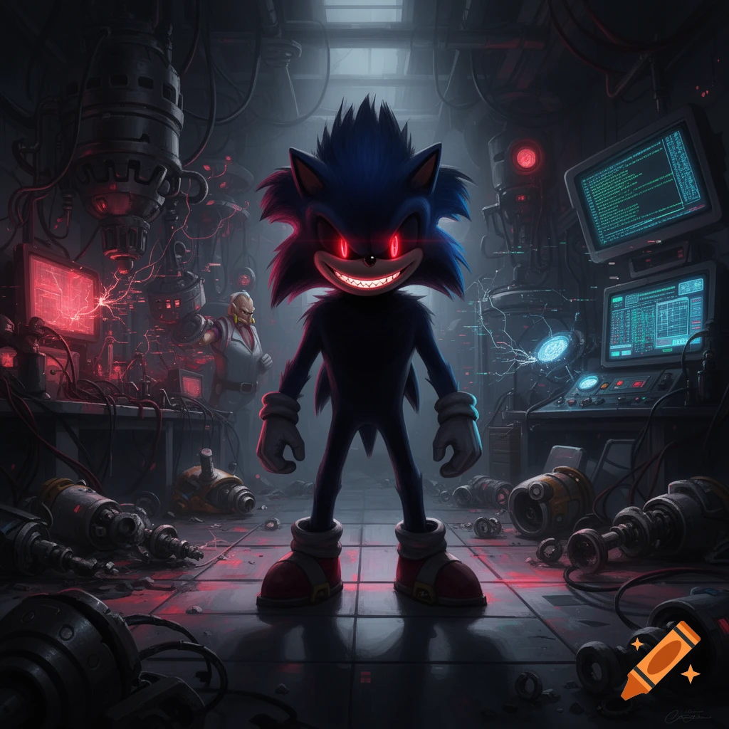 A menacing, dark blue Sonic.exe with glowing red eyes and a sharp-toothed grin stands in a dark, chaotic lab with red lights and broken machinery.