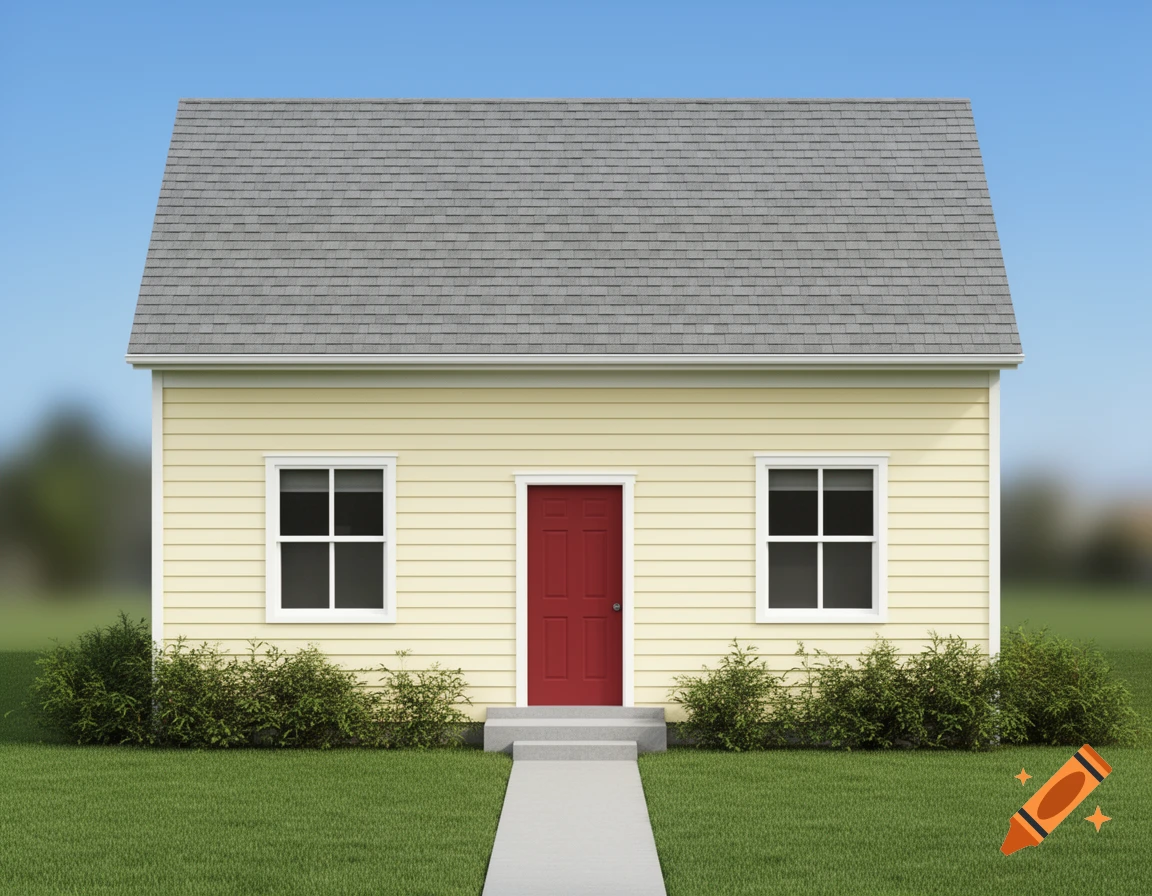 A simple yellow house with a red door and gray roof, centered on a green lawn with shrubs, under a clear blue sky.