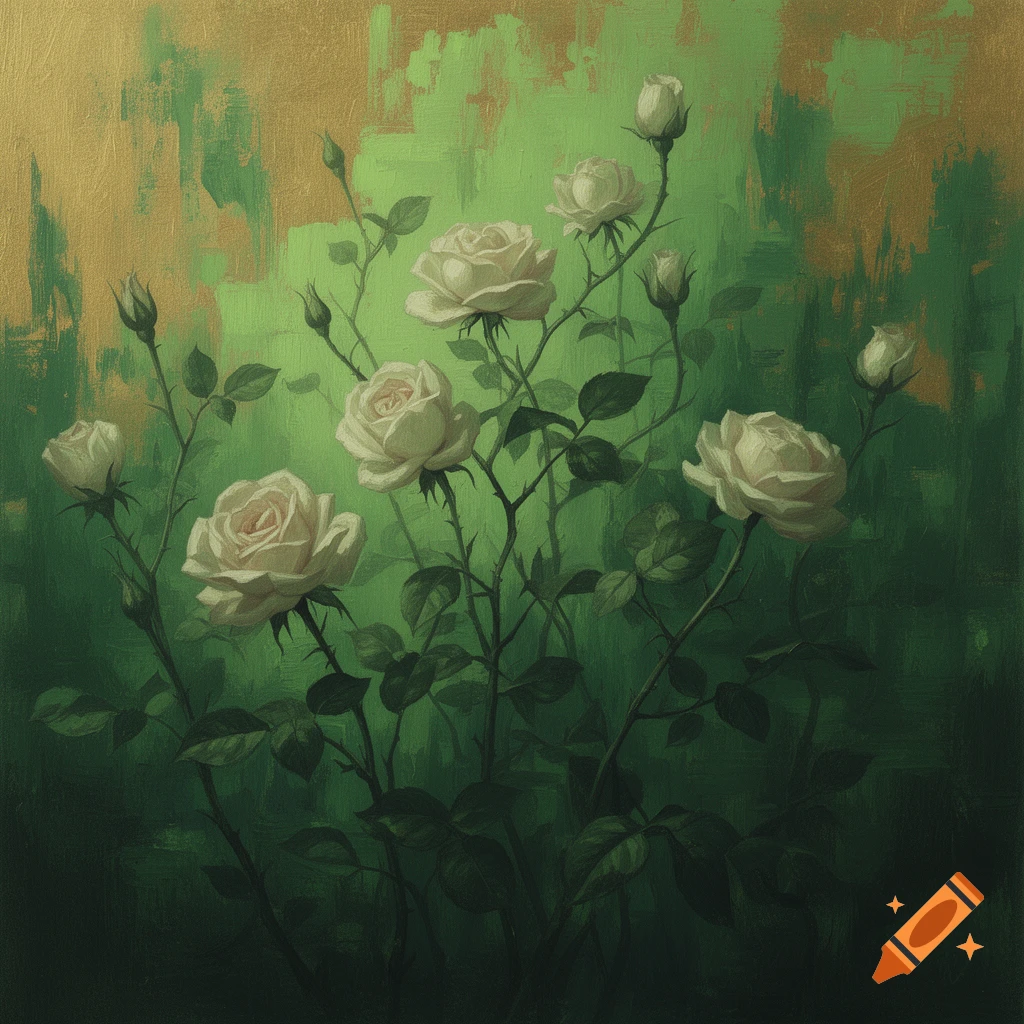 A painting of white roses with green stems and leaves against a textured background of green and gold brushstrokes, in a linocut style.