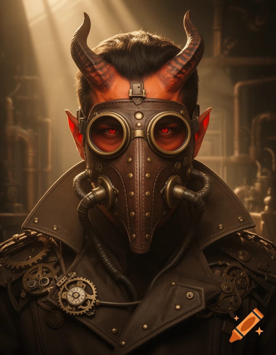A photorealistic portrait of a male Tiefling in a steampunk plague doctor mask, with dark orange skin, red eyes, and horns.