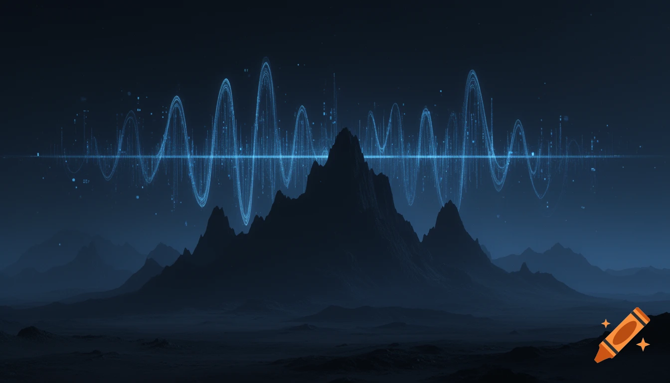 A dark, minimalist sci-fi landscape with silhouette mountains and glowing blue radio waves in the sky.