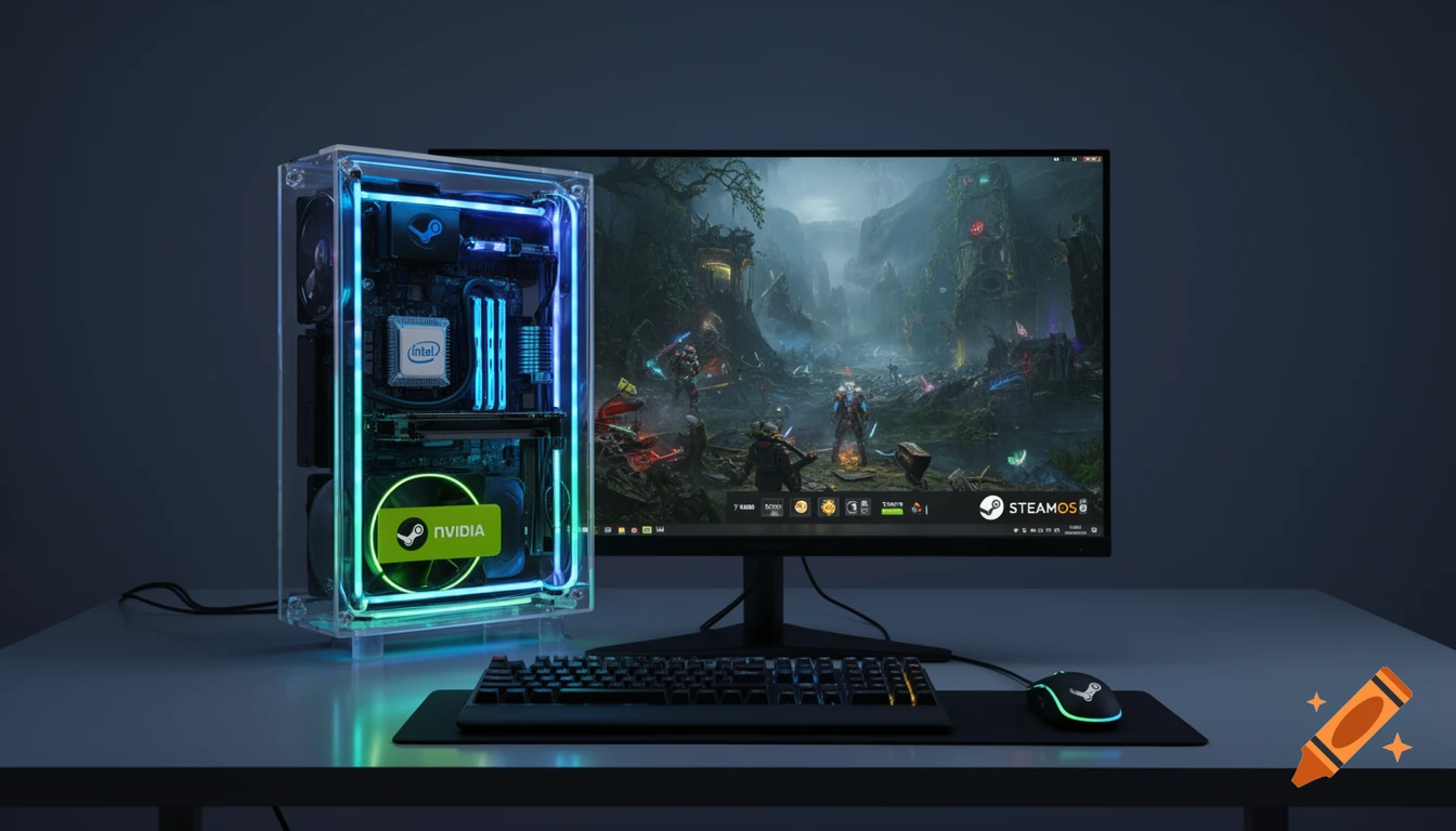 A luminous gaming PC with a transparent case and RGB lighting, Intel and Nvidia logos, beside a monitor displaying a fantasy game, keyboard, and mouse on a desk.