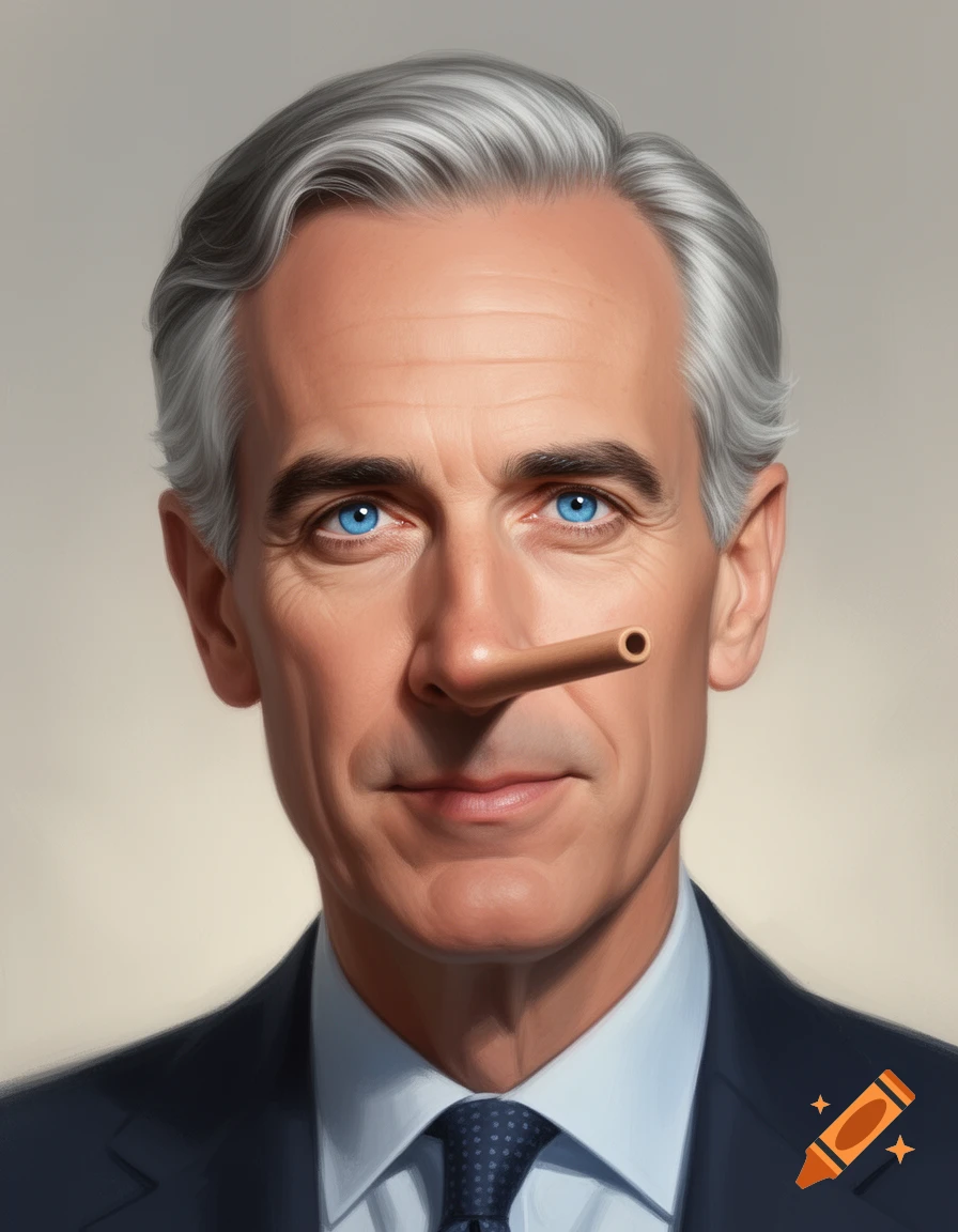 A photorealistic portrait of a man resembling Mark Carney with blue eyes, grey hair, and a very long, wooden Pinocchio nose.
