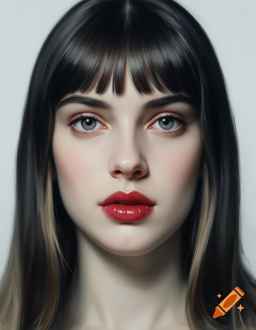 Close-up oil painting portrait of a fair-skinned young woman with dark hair, bangs, light eyes, and glossy red lips.
