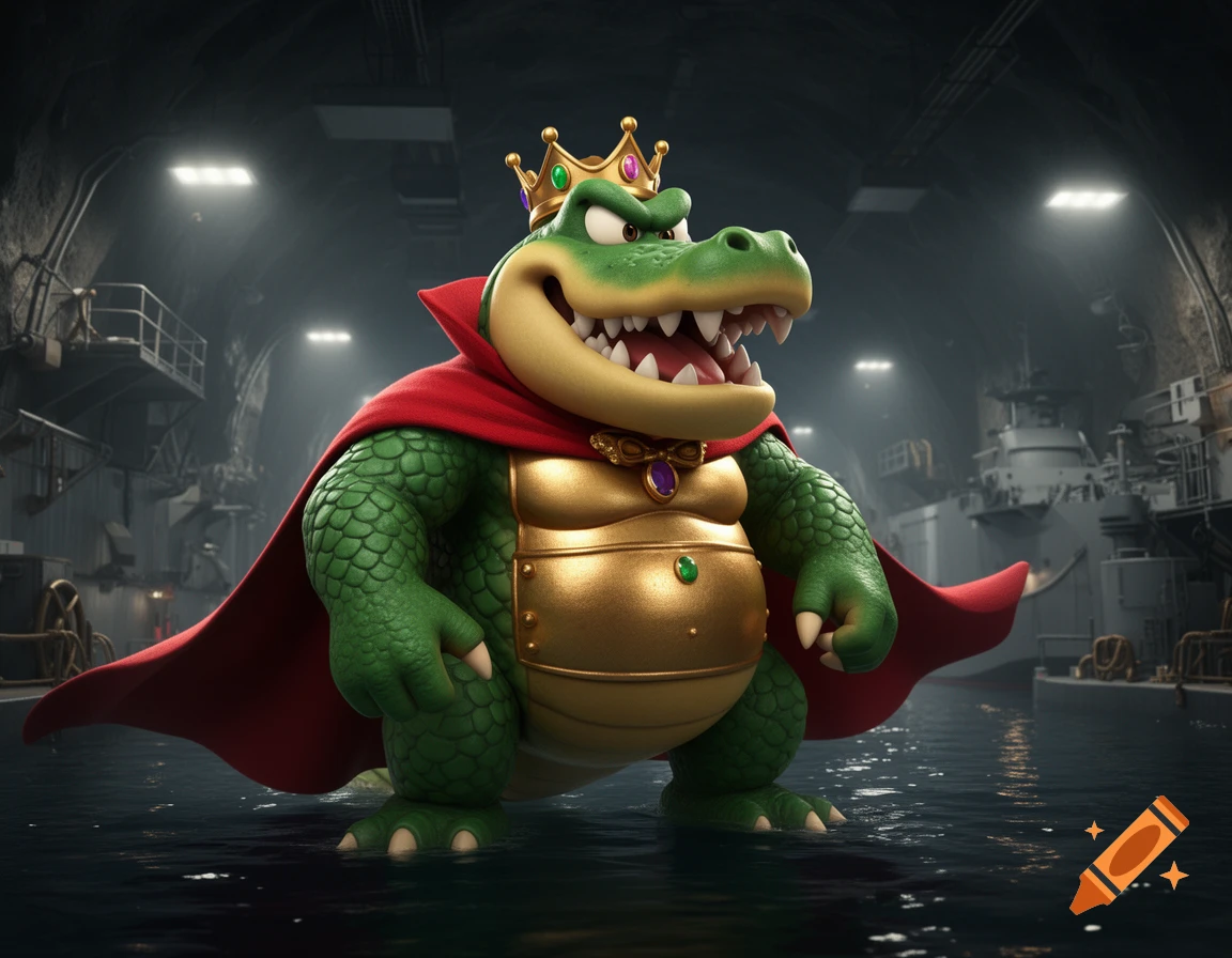 King K. Rool, a large green alligator-like character wearing a gold crown and red cape, stands in water inside a dark, industrial submarine base.
