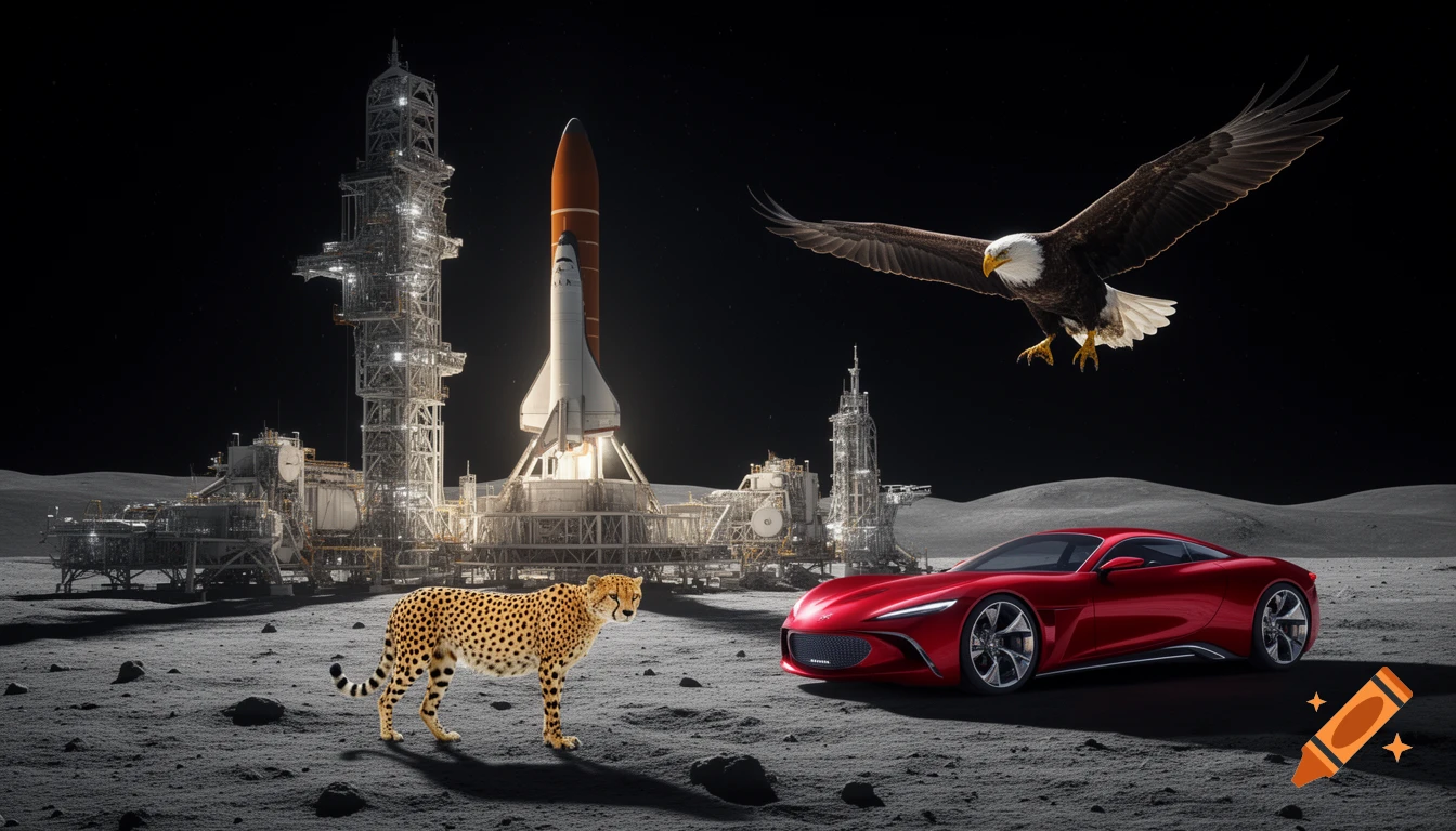 A photorealistic scene on the moon featuring a launch pad with a rocket, a cheetah, a red sports car, and a bald eagle flying above.