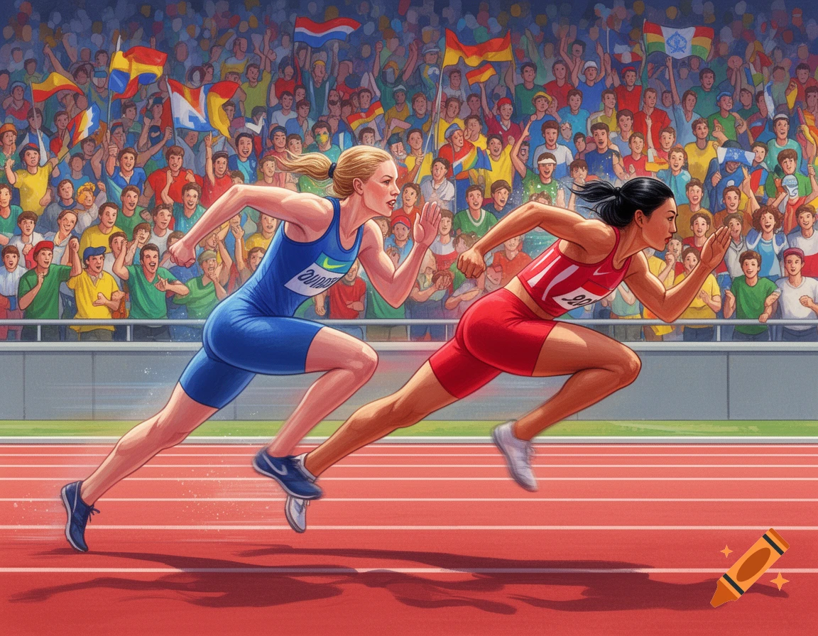 Two female sprinters, one in blue and one in red, race on a red track with a cheering crowd in the background, in an illustrative style.