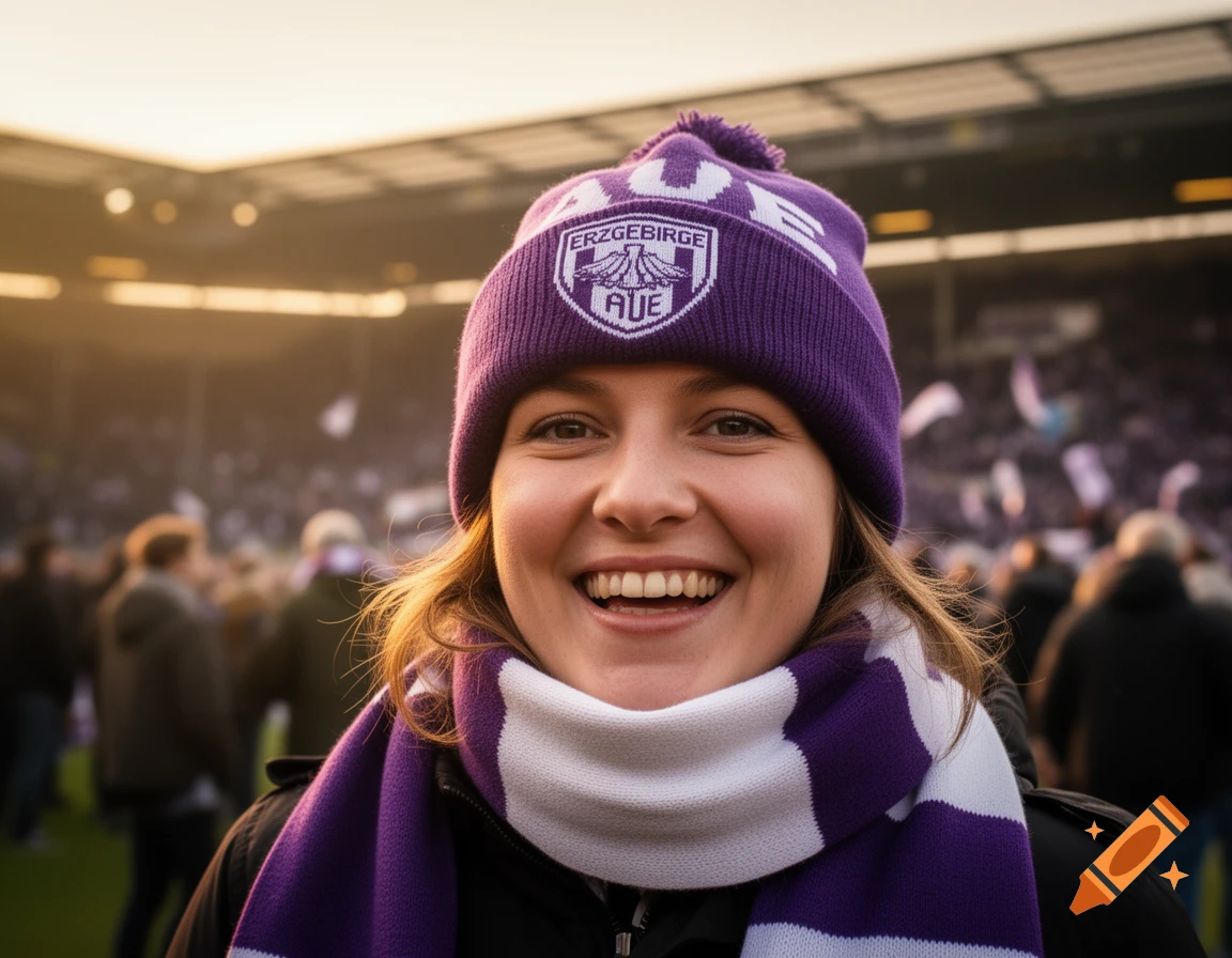 A smiling young woman in a purple beanie and scarf, with a football stadium in the background at sunset.
