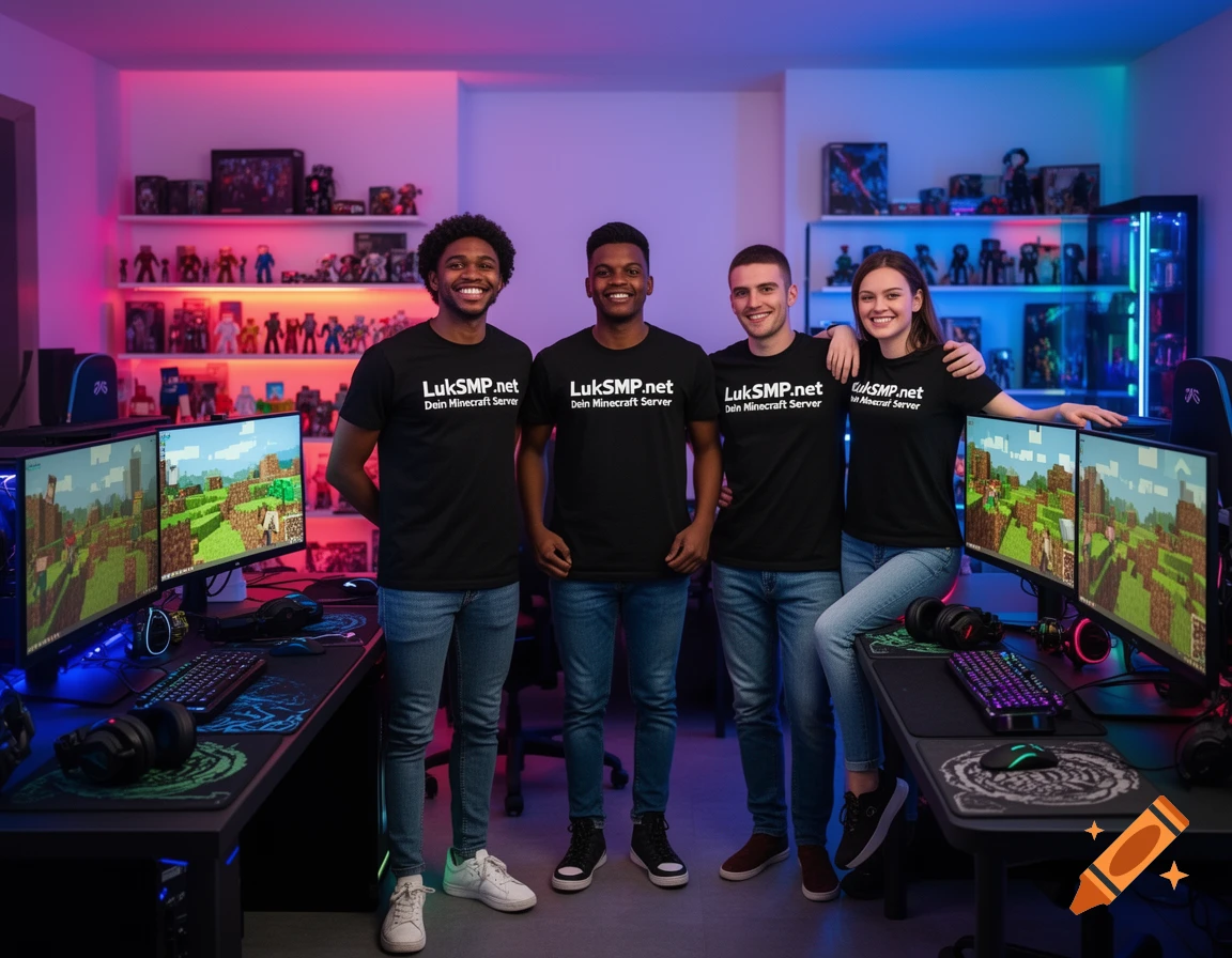 Four young adults wearing black 'LukSMP.net Dein Minecraft Server' t-shirts stand in a colorful gaming room with dual monitors displaying Minecraft.